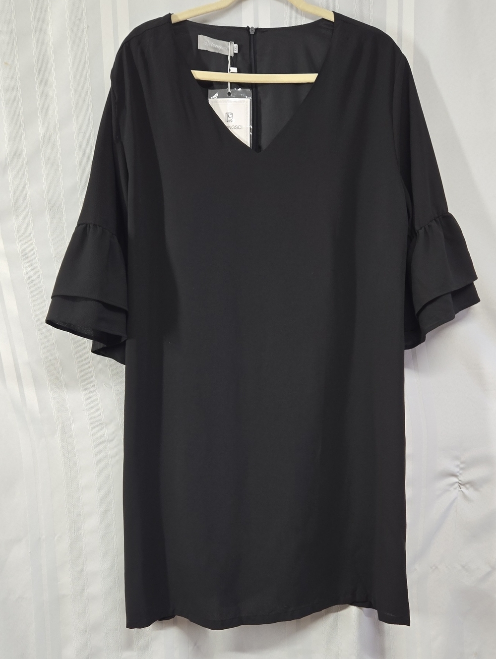 BELONGSCI WOMEN'S V-NECK BELL SLEEVE SHIFT MINI DRESS BLACK SIZE XXL